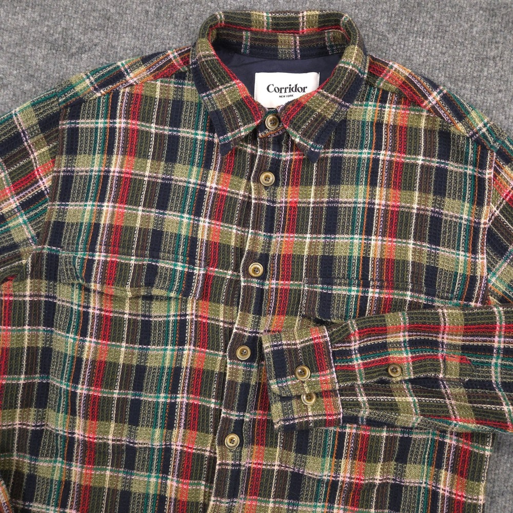 Corridor Waffle Madras Shirt Mens Small Multicolor Twisted Forest Organic Cotton